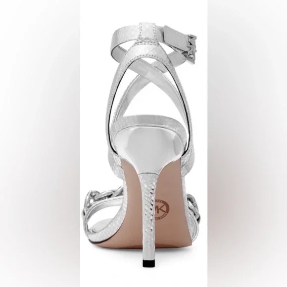 Michael Kors Silver High Heel Leather Sandal - Chain Front/Strappy/Size 7 - Picture 3 of 14